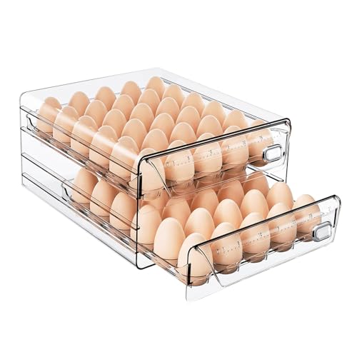 Image of HIYOHIYO Clear 60 Egg Holder for Fridge, High Capacity Egg Container for Refrigerator, Stackable Egg Storage Trays for Countertop, Eggs Organizer for Refrigerator (2 Layer, 11.6"x 10.2"x 5.1")