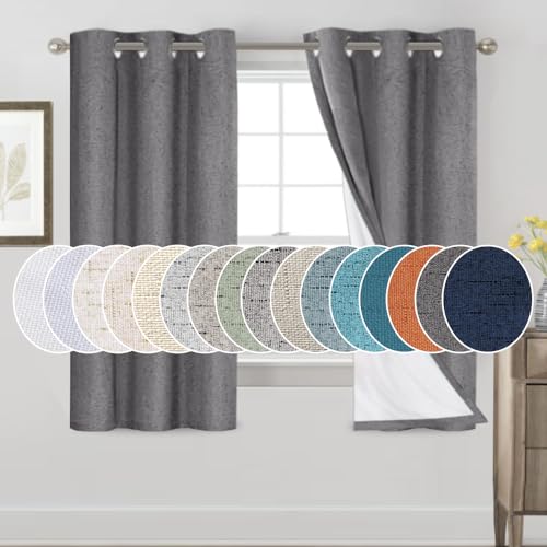 Image of PrinceDeco Blackout Curtains 64 inch Long 2 Panels Set 100% Blackout Curtains for Bedroom Grommet Top Thermal Insulated with White Liners Flax Textured Full Blackout Window Draperies,W42 X L64, Grey