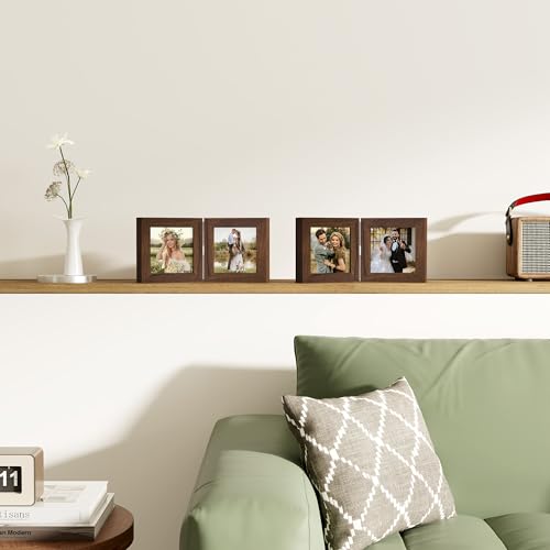 decorUhome Double 4x4 Picture Frame Vertical, Engineered Wood Bifold Photo Frame with Plexiglass for Tabletop Display, 4x4, Brown