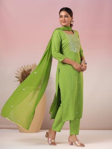 Image of GoSriKi Women's Cotton Blend Embroidered Kurta Set with Pant & Dupatta - Straight Calf‑Length, 3 /4 Sleeve, Round Neck - Elegant Ethnic Attire (5 Colors, S-5XL)