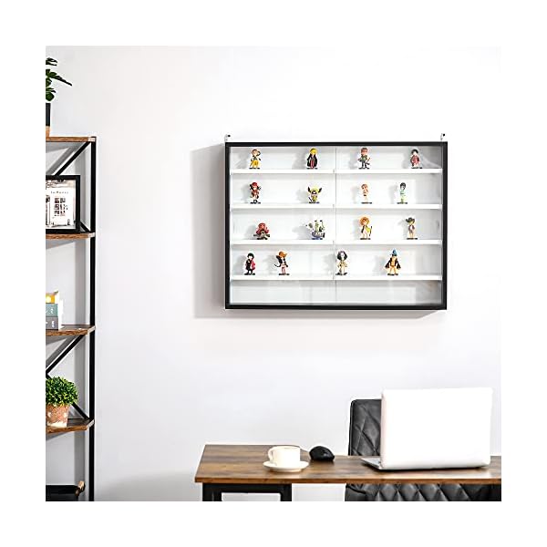 HOMCOM 5-Tier Wall Display Shelf Unit Cabinet w/ 4 Adjustable Shelves Glass Doors Home Office Ornaments 60x80cm Black/White - Image 6