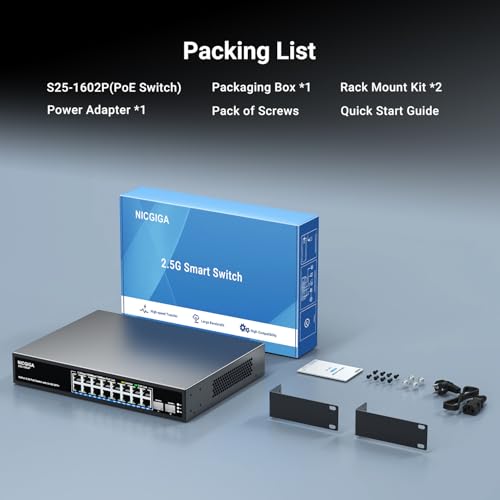 Image of 16 Port 2.5G PoE Switch Unmanaged with 16 Port 2.5Gb Base-T PoE+@250W + 2 x 10G SFP+ Uplink, NICGIGA 18 Port 2.5Gbe IEEE802.3af /at Power Over Ethernet Switch, Support WiFi6 AP, NAS, 4K PoE Camera NVR.