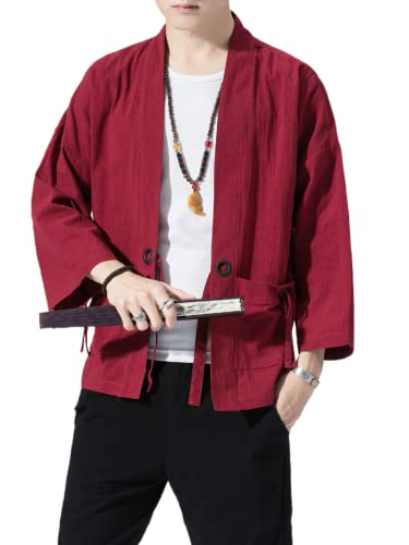 Image of Men's Japanese Kimono Cardigan Loose Cotton Linen 3 /4 Sleeve Open Front Casual Summer Shirt Jackets