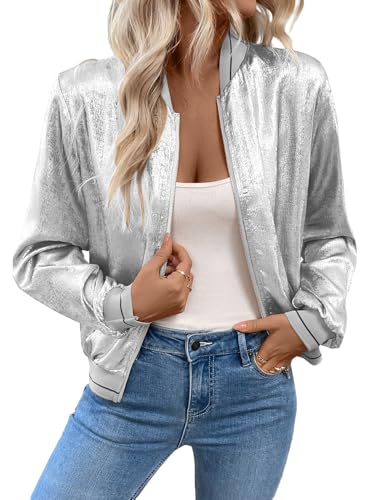Verdusa Womens Metallic Zipper Bomber Disco Party Jackets Outwear Long Sleeve Lightweight Jacket Coats Silver Medium