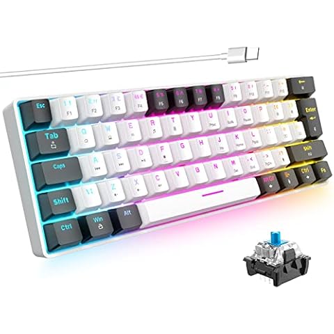T60 60% Gaming Mechanical Keyboard,RGB Backlit,61keys TKL Compact UK Layout,Mini Wired Keyboard,Blue Switch,Lightweight Portable,Anti-Ghosting for Mac PC Laptop PS4 XBox Gamer (White & Black) Cover