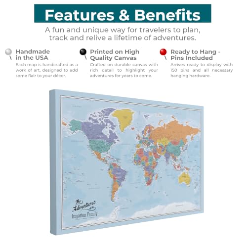 Image of Blue Oceans World Map with Pins - Personalized Travel Tracker - Modern Frameless Canvas Wall Art - Gallery Wrap - 30 inch x 45 inch