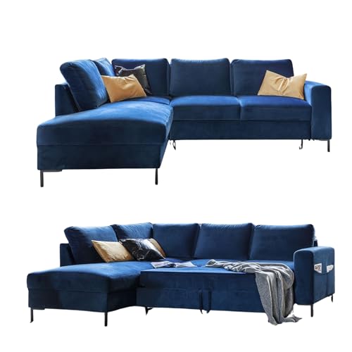 MIUFORM Lofty Lilly mit Bettfunktion| 6 Sitzer Ecksofa | L-form links | 237 x 197 x 84cm | Klappsofa mit Schlaffunktion | Schlafsofa klappbar (Velour Navy blau)