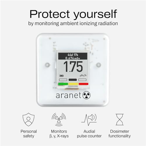 SAF Aranet Strahlungsdetektor, Dosimeter, tragbar, misst Dosierungsrate & Gesamtdosis der ionisierenden Strahlung, E-Ink-Display, 4 Jahre Akkulaufzeit, Bluetooth-Verbindung, kostenlose App mit Grafik