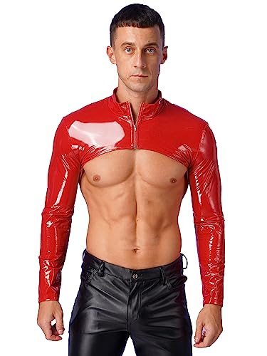 Hedmy Mens PVC Leather Wet Look Long Sleeves Tank Top Shirt Half Shrug Muscle Top Harness Clubwear2