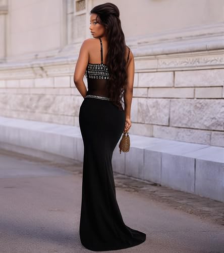 Image of Jigfar Women Sexy Elegant Rhinestone Mesh See Through Party Club Night Split Bodycon Formal Maxi Dress