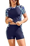 SHEKINI Women's 2 Piece Rash Guard Swimsuit Built-in Bra Short Sleeve Swim Shirt & Boyshort with Pockets Swimming Costumes Swimwear(Dark Blue Leaves,XL)