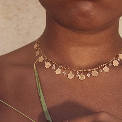 Mevecco Gold Coin Choker Necklace 14K Gold Plated Dainty Chain Necklace With Cz Dots Charm Necklace Boho Handmade Choker Necklace Jewelry Gift #TOP2