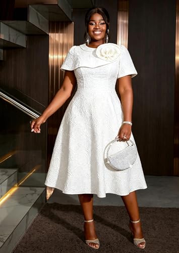 Image of AOMEI Women's Irregular Neck with Flower Short Puff Sleeve High Waist A-Line Jacquard Dress