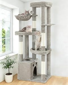 Kratzbaum Groß, Kratzbaum Grosse Katzen Stabil 170 cm hoch - Katzenbaum XL, Mehrstöckiger Katzenbaum Grau mit 4 Kratzsäulen, 6 Plüschbälle, Plattformen, Höhlen, Hängematte - Cat Tree Tower