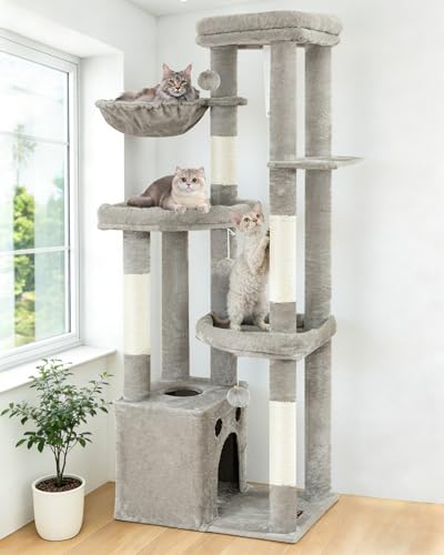 Kratzbaum Gro&szlig;, Kratzbaum Grosse Katzen Stabil 170 cm hoch - Katzenbaum XL, Mehrst&ouml;ckiger Katzenbaum Grau mit 4 Kratzs&auml;ulen, 6 Pl&uuml;schb&auml;lle, Plattformen, H&ouml;hlen, H&auml;ngematte - Cat Tree Tower