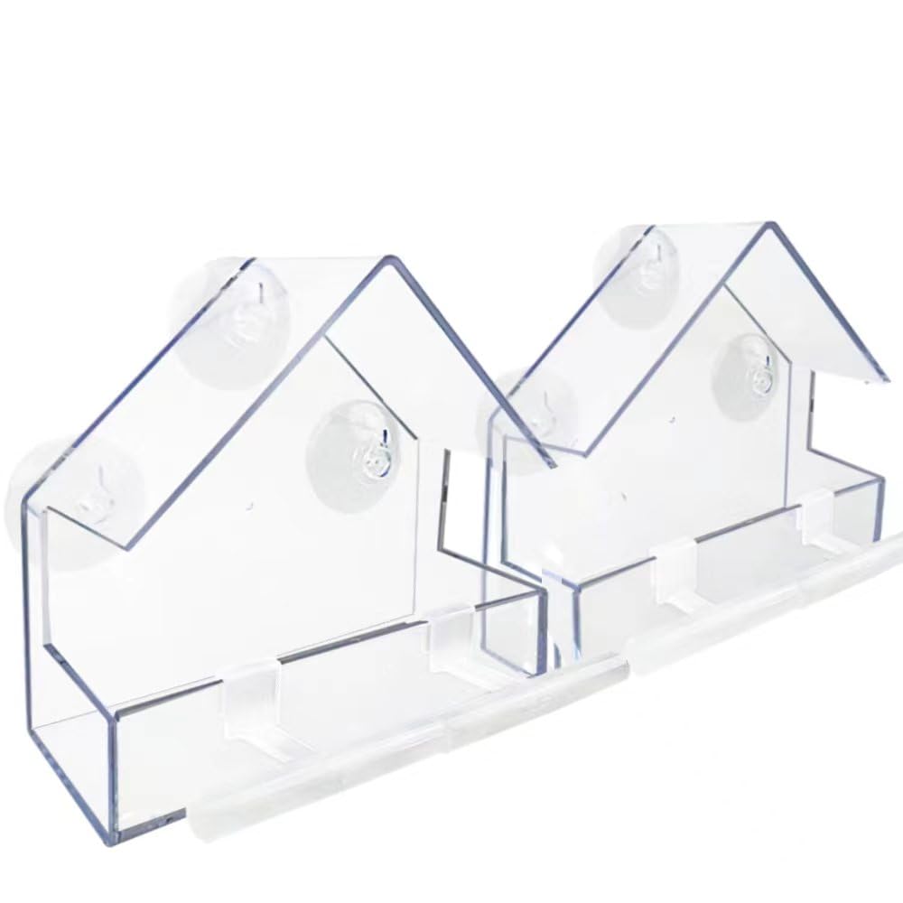 Comedero para pájaros de ventana, paquete de 2, casa para pájaros para exterior con 2 varillas, pequeño comedero acrílico para pájaros con ventosas fuertes y agujeros de drenaje de 5.9 x 2.4 x 5.9