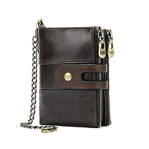 BISON DENIM Men's Leather Wallet Front Pocket Wallet Credit Card Wallet Double Zipper Pocket Card Holder with Anti-Theft Chain