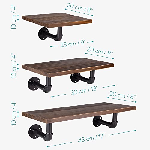 Navaris Industrial Pipe Shelf Set - 3 Wooden Shelves with Black Pipe Shelf Brackets - Pine Wall-Mounted Wood Shelving in Range of 3 Sizes - Dark Brown steampunk buy now online