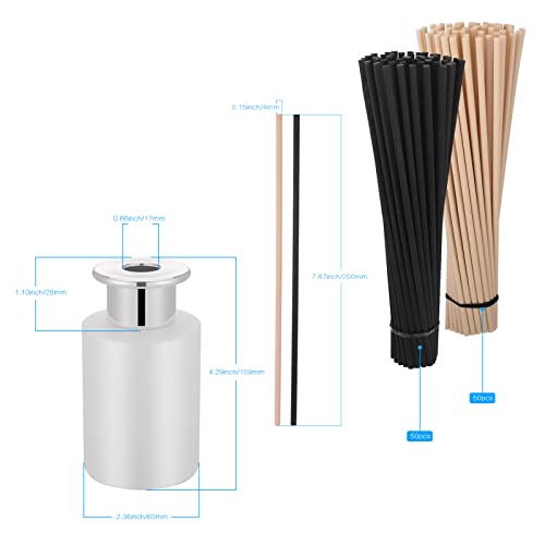 Hejo 4 stuks 100 ml mat wit rietverspreiderflessen zilver deksel met 100 diffusorsticks (50 stuks beige+50 stuks zwart), stijlvolle elegante mooie diffusorflessen met diffusorrietsticks