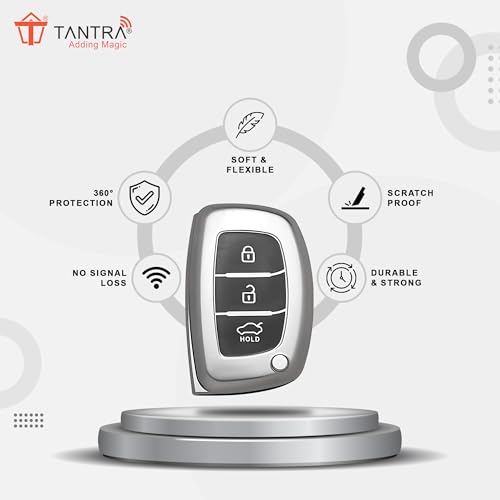 Image of SIAGO TPU Key Cover and Round Keychain Compatible for Hyundai Aura Elantra I.10 Grand Nios I.20 Elite Verna 4S Creta I.10 Grand I.20 Activa Tucson Xcent 3 Button Smart Key (Grey)