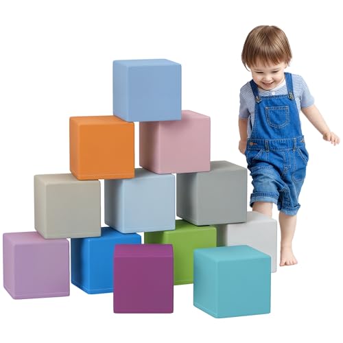 HOMCOM Set 12 Cubi Giocattolo Morbidi per Bambini 12-36 Mesi, Blocchi Schiuma per Bambini, Costruzioni Morbide in PU ed EPE, 20x20x20 cm, Multicolore Scuro