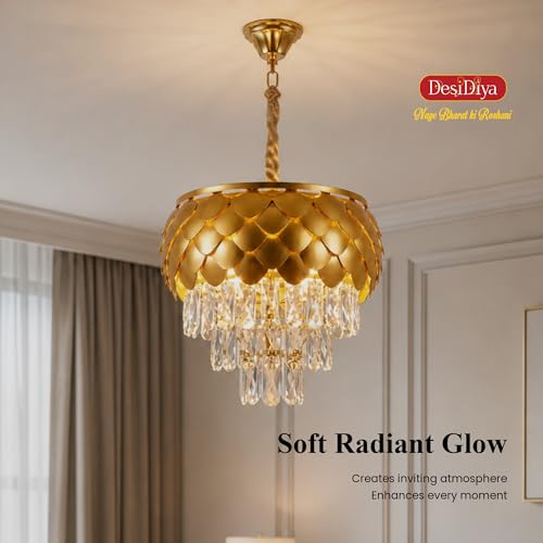 Image of Desidiya Golden Crystal Chandelier 400MM 3-Tier LED Ceiling Light | Luxury pineapple-inspired golden chandelier with premium K9 crystal droplets for elegant modern interiors.