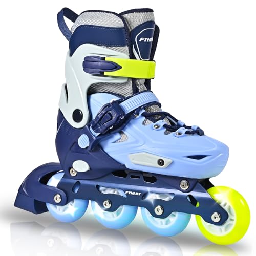 LIRENGUI Einstellbare Kinder Inline Skates für Jungen Mädchen, 4-Rollen Inline Skates für Kinder & Jugendliche mit leuchtenden Rädern für drinnen draußen Sport Freizeit, Blau Grün, Large