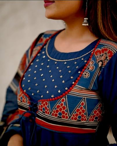 RangMahal Women's Cotton Print Anarkali Kurti Pant & Malmal Dupatta (Blue) (US, Alpha, Large, Regular, Regular, Blue)4