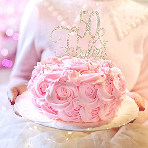 Ella Celebration 50 & Fabulous Cake Topper for 50th Birthday Party Decoration Supplies (Cursive Gold) - Thumbnail 3
