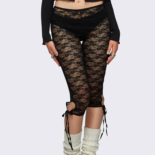 Women Lace Capri Leggings Sexy See Through Mesh Skinny Leggings Elastic Waist Sheer Mesh Cropped Trousers Clubwear3