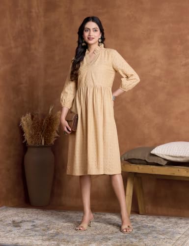 Image of Amazon Brand - Myx Women's Schiffli Embroidery Ethnic Dress | Fit and Flare | Knee Length (Available in Plus Sizes)