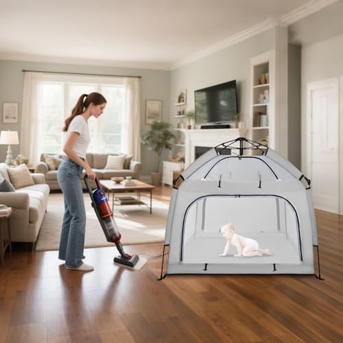 Image of Bend River Baby Playpen with Canopy, Square Toddler Beach Tent (Grey) | Portable Infant Play Yard, Mosquito Net, Indoor and Outdoor, Instant Installation, Pop Up, Travel Bag