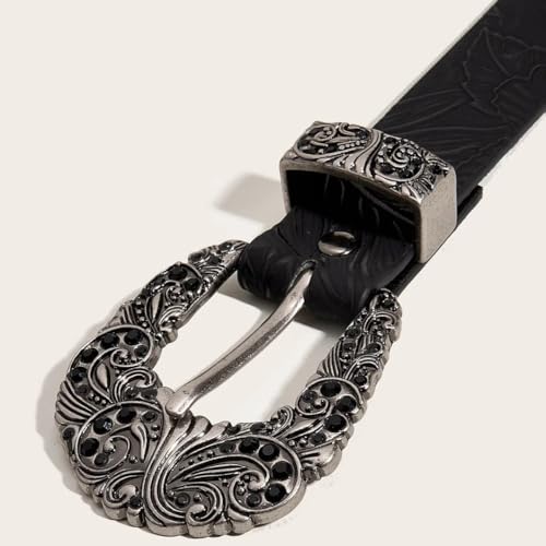 Women's Western Floral Engraved Embossed Leather Belt Waist Strap with Rhinestones Filigree Pin-Buckle for Daily Wear2