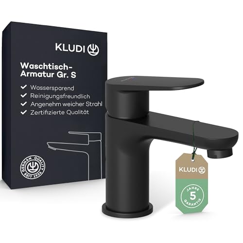 KLUDI-X1 Wasserhahn Bad, Auslaufhöhe 75 mm, wassersparende Waschtischarmatur Bad Schwarz Matt Größe S, Keramikkartusche, Mischbatterie Waschbecken inkl. Anschlussschläuche