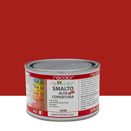 recolor - Smalto Sintetico – Vernice Universale, ideale per Legno, Metallo e Muri, colore Rosso Segnale, RAL 3001, 375ml