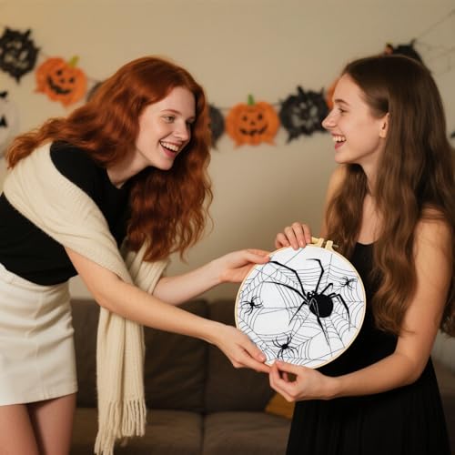 Image of Dark Gothic Embroidery Kits for Beginners Adults, Halloween Hand Embroidery Needlepoint Kits, Skull Spider Stamped Cross Stitch Kits for Beginners Adults, 2 Embroidery Hoops (Attached Video Tutorial)