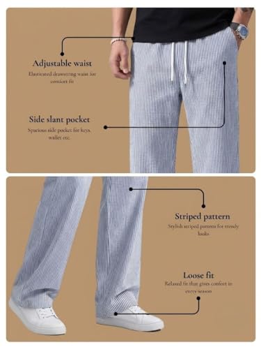 Image of Men's Casual Striped Trouser | Relaxed Fit Drawstring Pants for Men | Elastic Waist Straight Fit Lounge Trousers | Lightweight Summer Cotton Bottoms | Comfortable Daily, Beach, Travel Pants