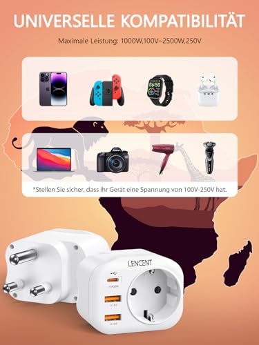 LENCENT Reiseadapter Netzadapter SA Adapter Südafrika Deutschland Stecker, mit 2 USB QC3,0 + 1 Typ-C PD Anschlüße, Typ M Reisestecker Stromadapter für Südafrika, Namibia, Botswana