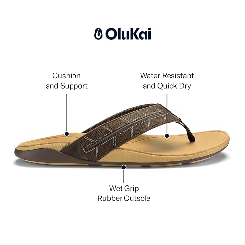 OluKai Tuahine Palm Men's Waterproof Full-Grain Leather Flip Flops, Arch Support Beach Sandals, Wet Grip Outsole for All-Day Comfort, Dk Java/Golden Sand, 10 - image 4