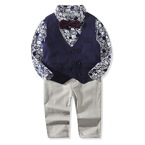 Infant Long Sleeve Formal Outfit Causal Gentleman Handsome Clothes Bowtie Cotton Suit Set Button Vest Set Cotton Button Tuxedo for Wedding Party Birthday Casual for Baby Boys 3-6M 4PCS Blue