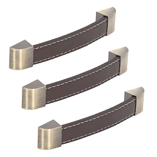 Cyrank Lederschrankgriffe Schubladengriffe, 3-teiliger Schranktür-Ledergriff Antiker Bogengriff Gepäck Weinkistengriff(Braun) Cover