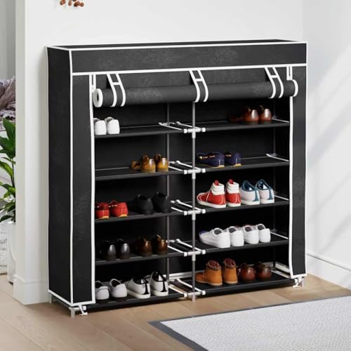 Double étagère à chaussures grand format en tissu avec couvercle zippé noir - 5