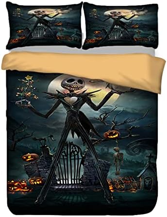 Nightmare Before Christmas Bedding Set for Adults and Teens 3 Pieces Halloween Diable Duvet Cover with 2 Pillow Cases King Size 220x230cm (Not Comforter)