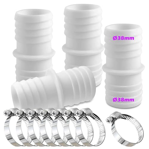 Rhsemi Lot de 4 raccords de tuyau de 38 mm avec 8 colliers de serrage - Adaptateur de tuyau double (blanc)