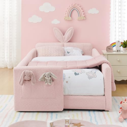 Image of Twin Size Kids Bed with Rabbit Ear Headboard, Upholstered Boucle Fabric Twin Daybed with Slats Support & Side Pockets, Space-Saving Wooden Corner Sofa Couch Bed Frame for Girls, Boys, Teenager(Pink)