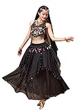 ORIDOOR Women Belly Dance Dress Set Crop Top Padded Bra Top Sparkling Belly Dance Chiffon Skirts with Coins 5-piece Outfit Black