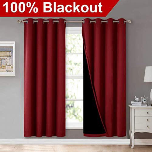 Image of NICETOWN Living Room Completely Shaded Draperies, Privacy Protection & Noise Reducing Ring Top Drapes, Black Lined Insulated Decorative Curtain Panels(Burgundy Red, 2 Pieces, W52 x L72)