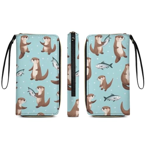 Girl's Long PU Wallet, Travel Purse Fashion Design, Huge Storage Capacity Purse, Cute Decor Zipper Wallet With Rope Cute Otter Fish Pattern3