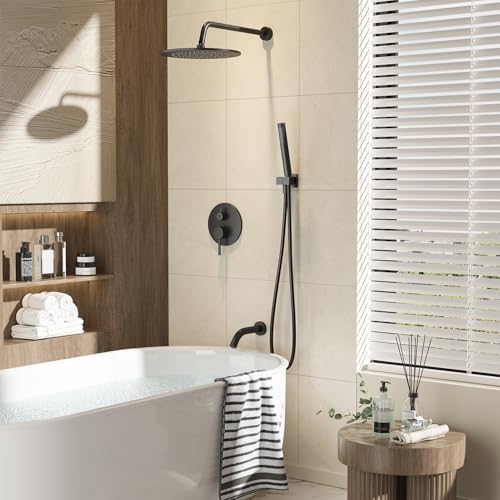 Image of Gabrylly Black Shower System with Tub Spout, Bathtub Shower Faucets Set with 3-Way Shower Valve, High Pressure 10 inch Rain Shower head with Handheld Spray Combo, Wall Mounted Tub Shower Kit, Matte Black