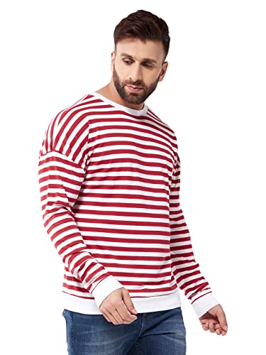 Image of GRITSTONES Men OversizedRound Neck Stripe Drop Shoulder Cotton T-Shirt